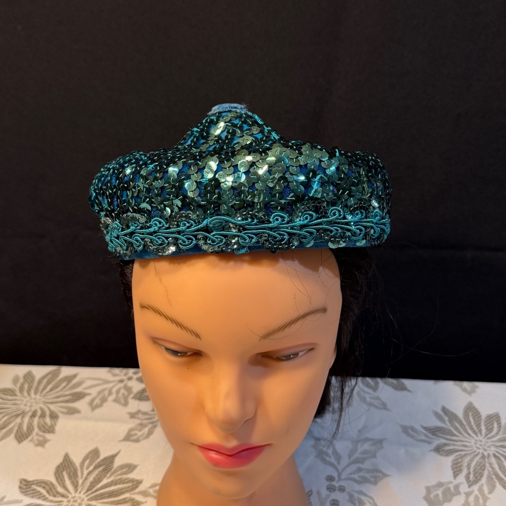 Vintage Teal Sequin Evening Pillbox Cocktail Hat
